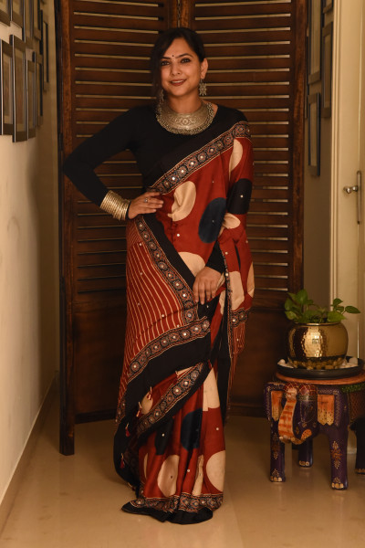 RED BIG POLKA AJRAKH MODAL SILK SAREE WITH MIRROR WORK