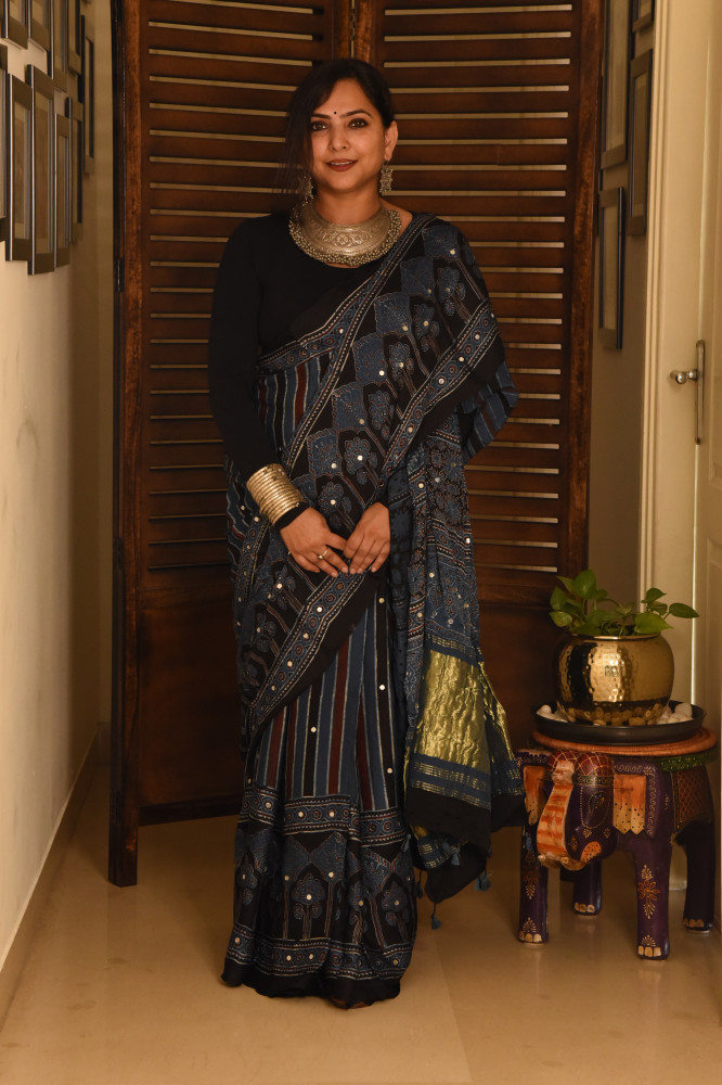 Image of LONG VERTICAL STRIPE BLUE AJRAKH MODAL SILK SAREE WITH MIRROR WORK