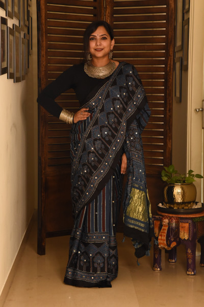 LONG VERTICAL STRIPE BLUE AJRAKH MODAL SILK SAREE WITH MIRROR WORK