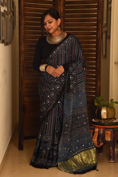 LONG VERTICAL STRIPE BLUE AJRAKH MODAL SILK SAREE WITH MIRROR WORK