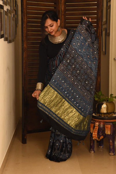 LONG VERTICAL STRIPE BLUE AJRAKH MODAL SILK SAREE WITH MIRROR WORK