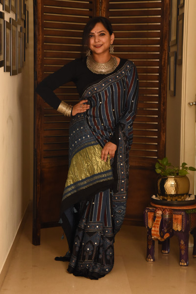 LONG VERTICAL STRIPE BLUE AJRAKH MODAL SILK SAREE WITH MIRROR WORK