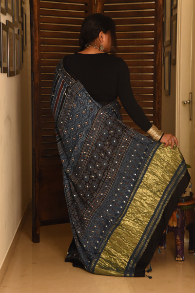 LONG VERTICAL STRIPE BLUE AJRAKH MODAL SILK SAREE WITH MIRROR WORK