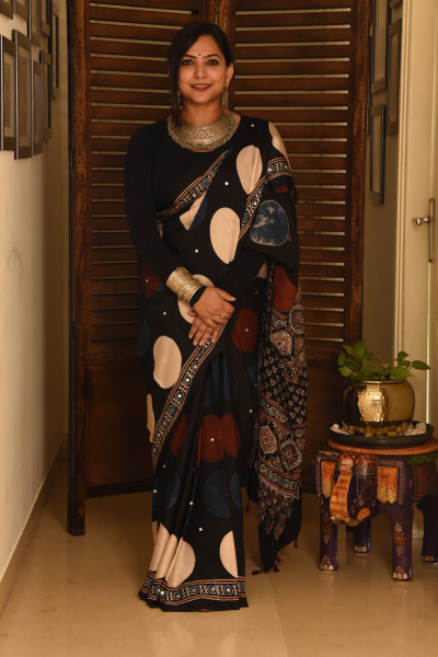 BIG BLACK RED WHITE POLKA AJRAKH MODAL SILK SAREE WITH MIRROR WORK