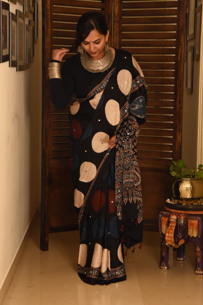 BIG BLACK RED WHITE POLKA AJRAKH MODAL SILK SAREE WITH MIRROR WORK