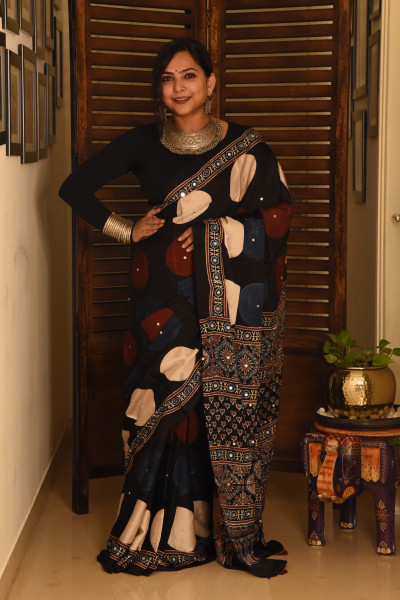 BIG BLACK RED WHITE POLKA AJRAKH MODAL SILK SAREE WITH MIRROR WORK