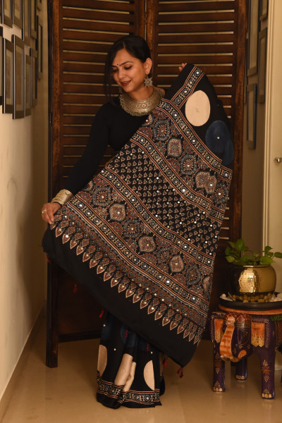 BIG BLACK RED WHITE POLKA AJRAKH MODAL SILK SAREE WITH MIRROR WORK