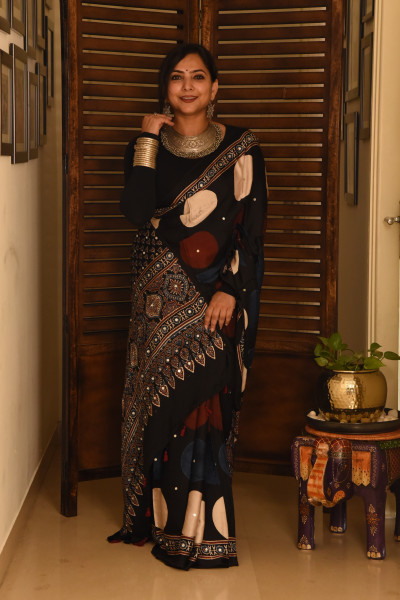 BIG BLACK RED WHITE POLKA AJRAKH MODAL SILK SAREE WITH MIRROR WORK