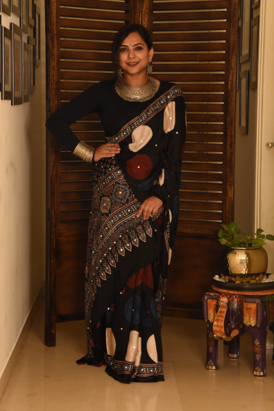 BIG BLACK RED WHITE POLKA AJRAKH MODAL SILK SAREE WITH MIRROR WORK