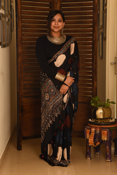 BIG BLACK RED WHITE POLKA AJRAKH MODAL SILK SAREE WITH MIRROR WORK