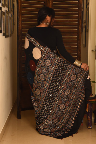 BIG BLACK RED WHITE POLKA AJRAKH MODAL SILK SAREE WITH MIRROR WORK