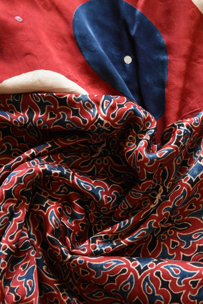 RED BIG POLKA AJRAKH MODAL SILK SAREE WITH MIRROR WORK