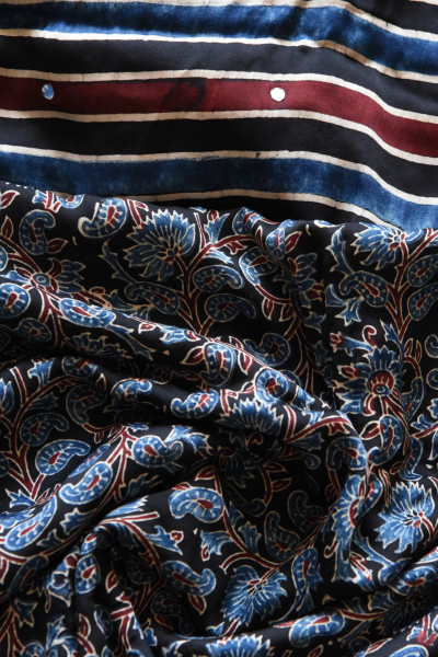 STRIPE BLACK RED BLUE AJRAKH MODAL SILK SAREE WITH MIRROR WORK