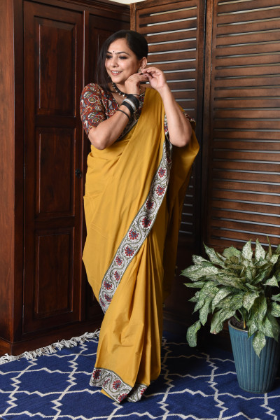 FLORAL MUSTARD PATCHWORK COTTON SAREE