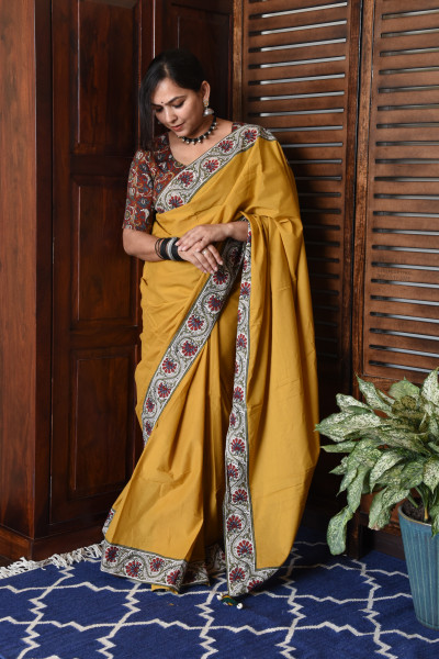 FLORAL MUSTARD PATCHWORK COTTON SAREE
