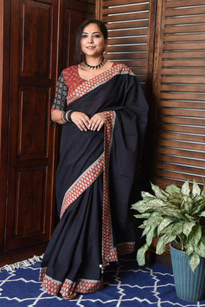 STRIPE RED BLACK PATCHWORK COTTON SAREE