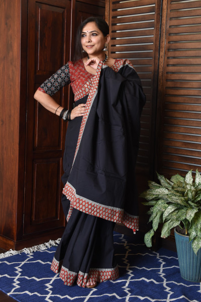 STRIPE RED BLACK PATCHWORK COTTON SAREE