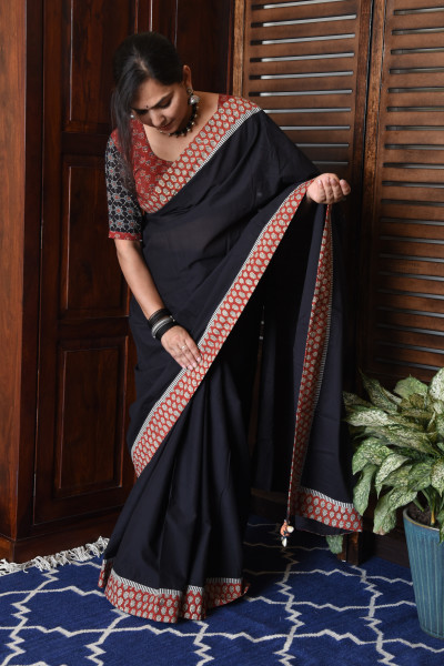 STRIPE RED BLACK PATCHWORK COTTON SAREE