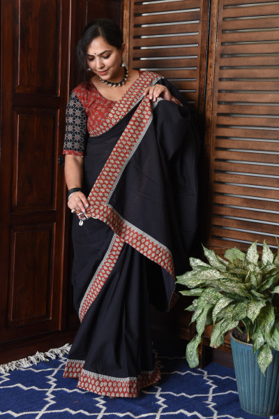 STRIPE RED BLACK PATCHWORK COTTON SAREE