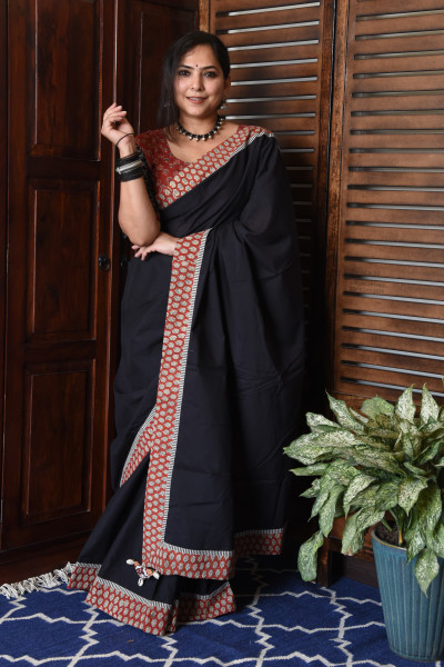 STRIPE RED BLACK PATCHWORK COTTON SAREE