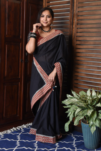 STRIPE RED BLACK PATCHWORK COTTON SAREE