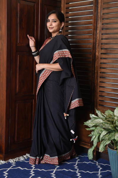 STRIPE RED BLACK PATCHWORK COTTON SAREE