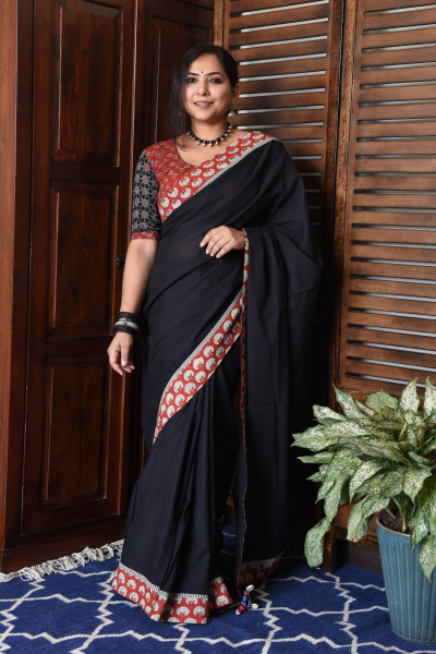 RED TREE BLACK PATCHWORK COTTON SAREE