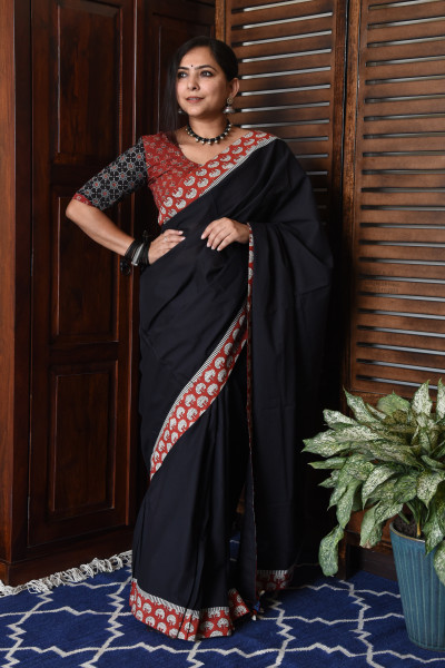 RED TREE BLACK PATCHWORK COTTON SAREE