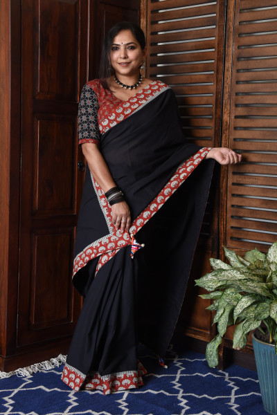 RED TREE BLACK PATCHWORK COTTON SAREE
