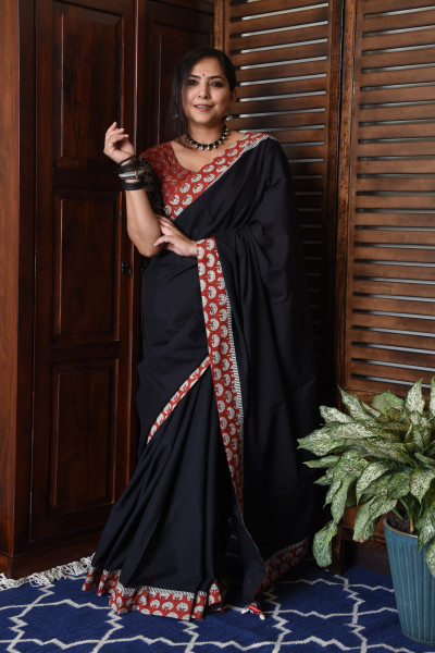 RED TREE BLACK PATCHWORK COTTON SAREE