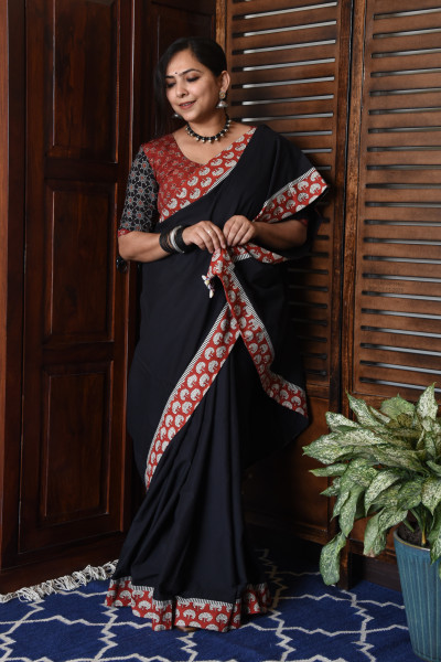 RED TREE BLACK PATCHWORK COTTON SAREE