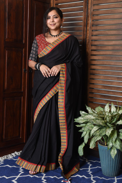 MULTICOLOR STRIPE BLACK PATCHWORK COTTON SAREE