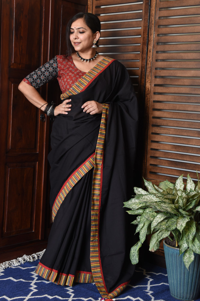 Image of MULTICOLOR STRIPE BLACK PATCHWORK COTTON SAREE