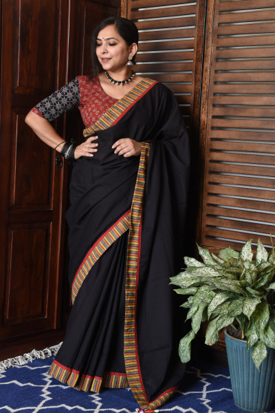 MULTICOLOR STRIPE BLACK PATCHWORK COTTON SAREE