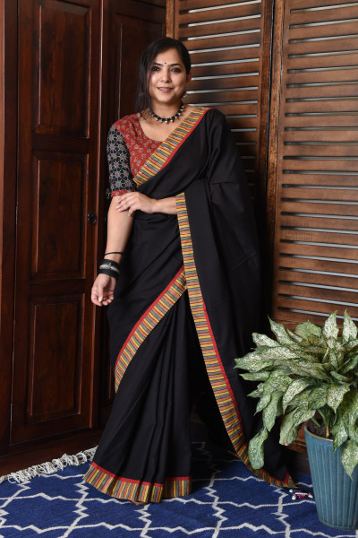 MULTICOLOR STRIPE BLACK PATCHWORK COTTON SAREE