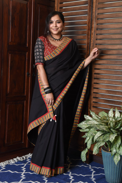 MULTICOLOR STRIPE BLACK PATCHWORK COTTON SAREE