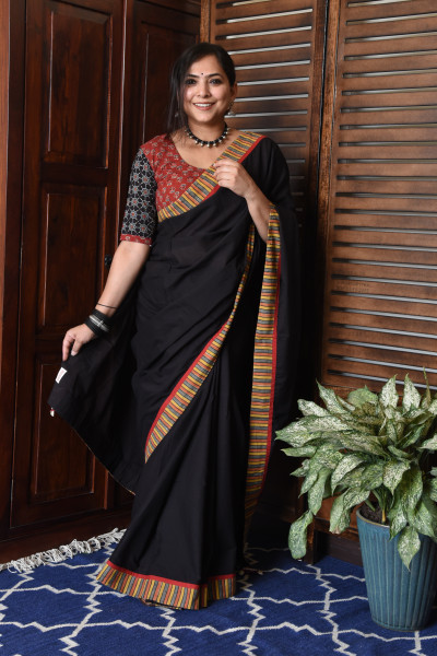 MULTICOLOR STRIPE BLACK PATCHWORK COTTON SAREE