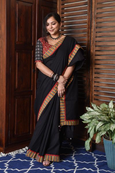 MULTICOLOR STRIPE BLACK PATCHWORK COTTON SAREE
