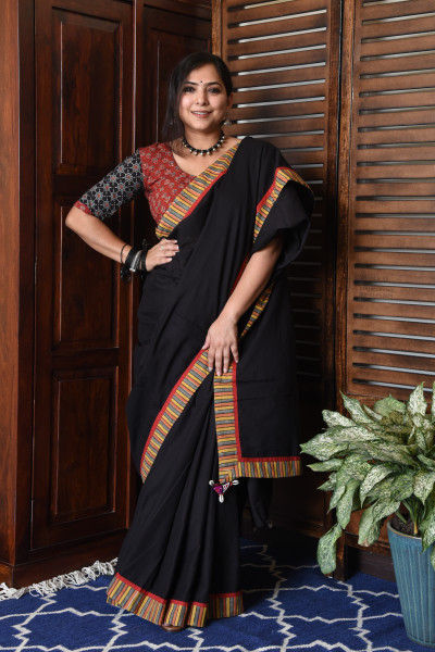 MULTICOLOR STRIPE BLACK PATCHWORK COTTON SAREE