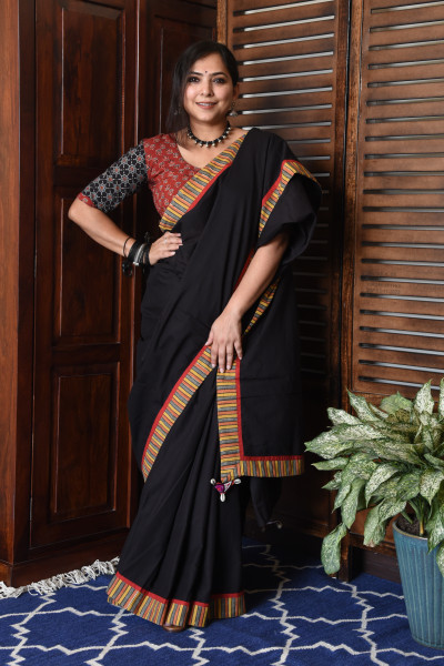 MULTICOLOR STRIPE BLACK PATCHWORK COTTON SAREE
