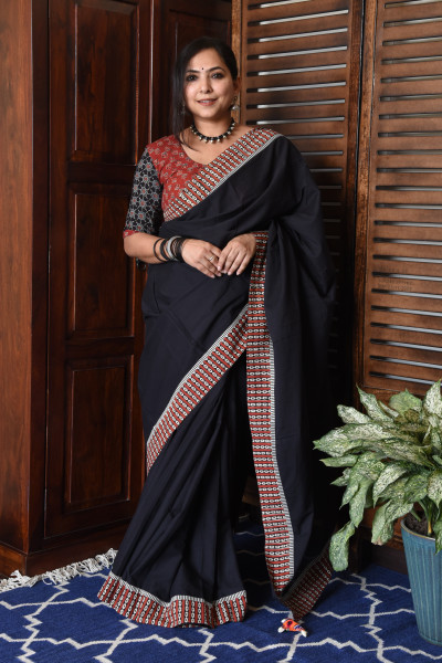 RED LOOP BLACK PATCHWORK COTTON SAREE