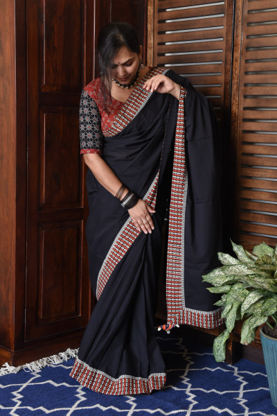 RED LOOP BLACK PATCHWORK COTTON SAREE