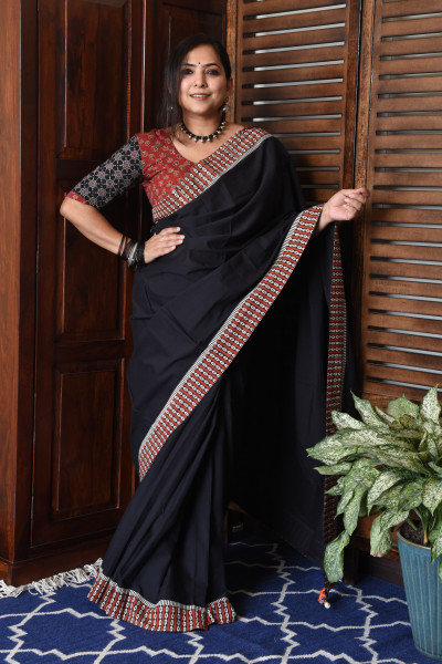 RED LOOP BLACK PATCHWORK COTTON SAREE