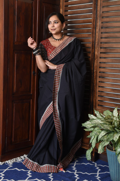 RED LOOP BLACK PATCHWORK COTTON SAREE