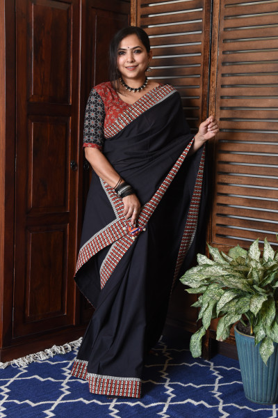 RED LOOP BLACK PATCHWORK COTTON SAREE