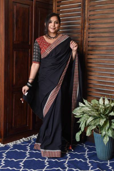 RED LOOP BLACK PATCHWORK COTTON SAREE