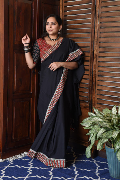 RED LOOP BLACK PATCHWORK COTTON SAREE