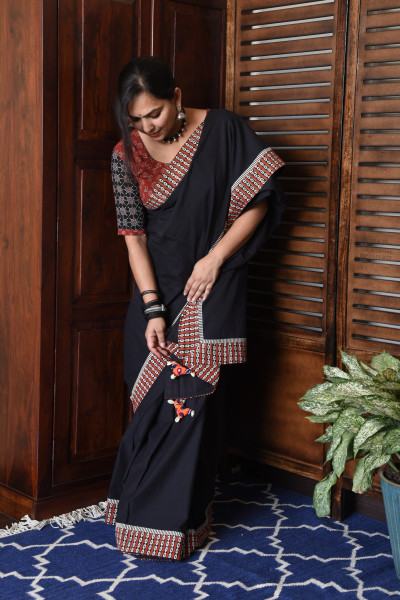 RED LOOP BLACK PATCHWORK COTTON SAREE