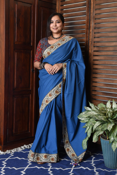 FLORAL ROYAL BLUE PATCHWORK COTTON SAREE