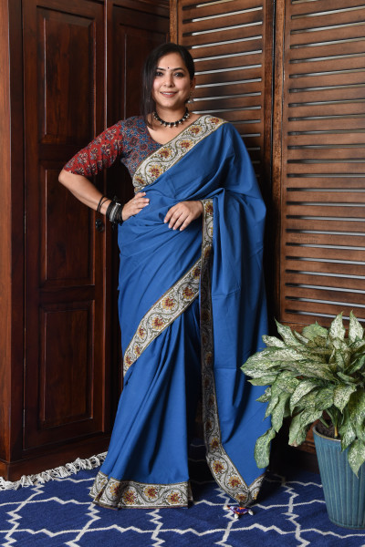 FLORAL ROYAL BLUE PATCHWORK COTTON SAREE